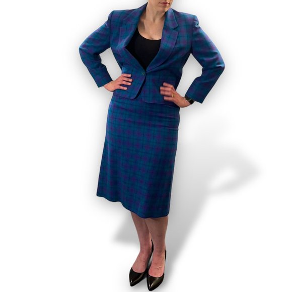 Vintage 80s Pendleton Plaid Skirt Suit Blazer Jacket Purple Aqua Blue Green M/L - Picture 11 of 11